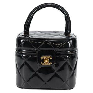 CHANEL Matelasse Vanity Hand Bag Patent leather Black Gold CC Auth fm4820V